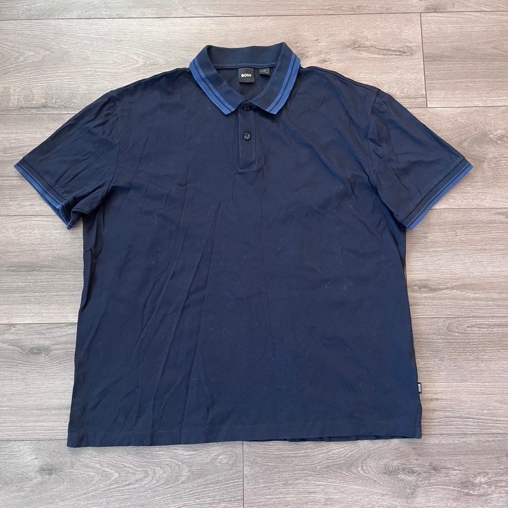 Hugo Boss Mens XL Navy Blue Striped Collar Short Sleeve Pique Polo Shirt
